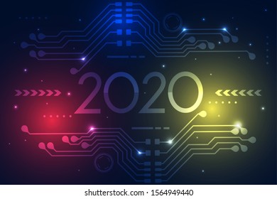 2020. Happy new year 2020 design with futuristic technology background. 
