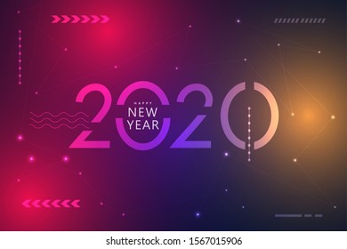 2020. Happy new year 2020 design with futuristic technology background. 