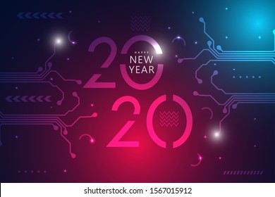 2020. Happy new year 2020 design with futuristic technology background. 