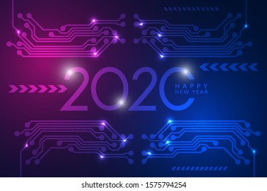 2020. Happy new year 2020 design with futuristic technology background. 