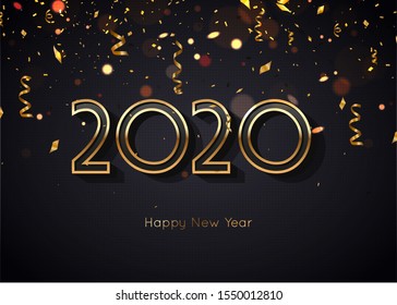 2020 Happy New Year Elegant Background. Gold Text and Confetti. Vector illustration