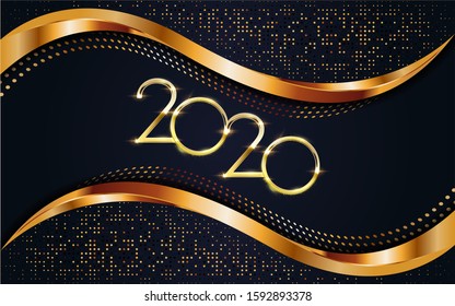 2020, Happy New Year! Elegant gold text with abstract background. Template design