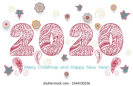 2020 Happy New Year Ethnic patterned floral numbers isolated on white background. Template for a money envelope or greeting card. Vector illustration.