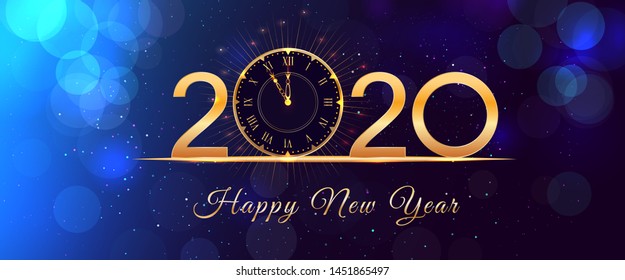 2020 Happy New Year eve glowing text design with vintage gold clock on blue background with bokeh effect, glitter and falling snow. Holiday banner, poster or greeting card template. Year of the rat
