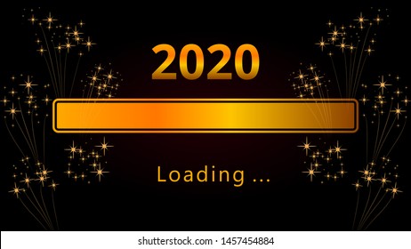 2020 Happy New Year eve bright golden loading progress bar with fireworks isolated on black background. Holiday web banner, poster, greeting card or invitation, end of year template. Copy space.