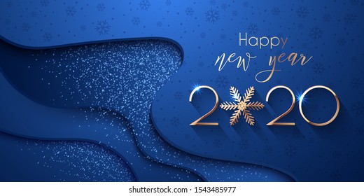 2020 Happy New Year Festival Blue Waved Background. Vector illustration with golden numbers and snowflake, lights