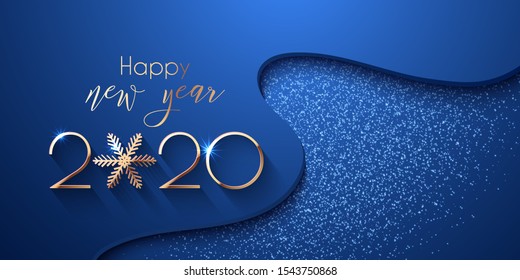 2020 Happy New Year Festival Blue Wavy Background. Vector illustration with golden numbers and snowflake, lights