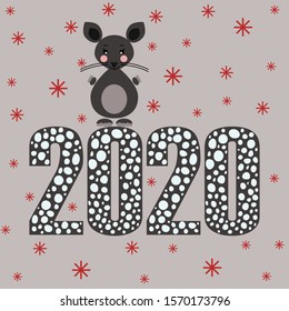 2020 Happy new year. Funny numbers in the ball. Rat and snowflakes. Vector linear numbers. Design of greeting card. Vector illustration.