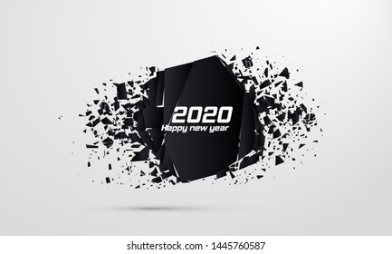 2020 Happy New Year. Geometric banners.Abstract explosion of black glass. Square and circle destruction shapes. Vector illustration.