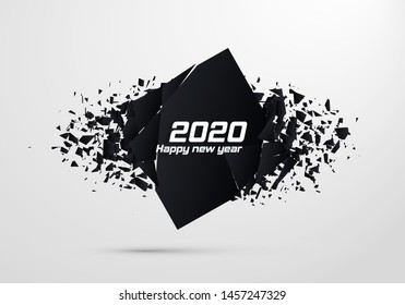 2020 Happy New Year. Geometric banners.Abstract explosion of black glass. Square and circle destruction shapes. Vector illustration.
