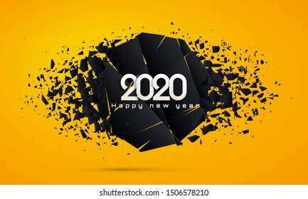 2020 Happy New Year. Geometric banners.Abstract explosion of black glass. Square and circle destruction shapes. Vector illustration.