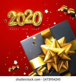 2020. Happy New Year. Gift boxes with golden glossy bows, ribbons and sparkling tinsel. Vector new year illustration with gold metallic 2020 numbers and holiday decoration. Festive ornament