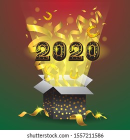 2020 happy new year gift box with confetti Golden horseshoe figures stars on isolated background. Vector image eps 10
