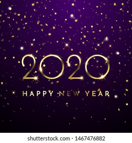 2020 Happy New Year of glitter gold confetti. Vector golden glittering text and numbers with sparkle shine for Christmas holiday greeting card on blue background