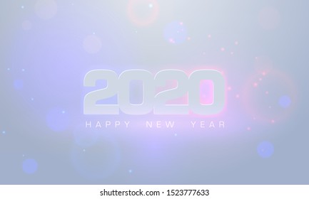 2020 Happy New Year glow text design. Greeting card for 2020 with wishes. Brochure design template, poster, banner or flyer. Vector white fireworks sparks background. Neon purple light flare