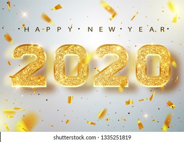 2020 Happy New Year. Gold Numbers Design Of Greeting Card Of Falling Shiny Confetti. Gold Shining Pattern. Happy New Year Banner With 2020 Numbers On Bright Background. Vector Illustration