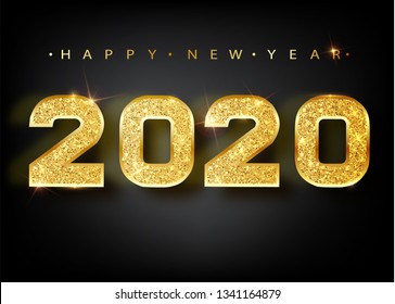 2020 Feliz año nuevo. Números de oro Diseño de tarjeta de felicitación. Patrón dorado brillante. Feliz Año Nuevo con números del 2020 en fondo brillante. Ilustración vectorial.