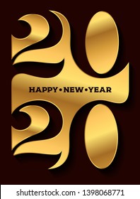 2020 Happy new year gold logo. Celebration text graphics. Cover of business diary for with wishes. Brochure design template, poster, card, banner. Vector illustration. Isolated on brown background.