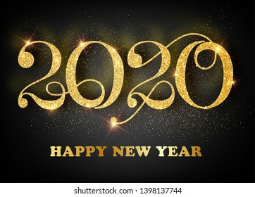 2020 Happy new year. Gold Numbers Design of greeting card. Gold Shining Pattern. Happy New Year Banner with 2020 Numbers on Bright Background. Vector illustration.