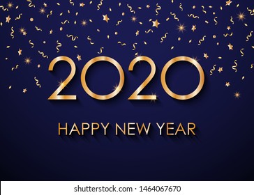 2020 Happy New Year gold text on blue background for greeting card, with gold glitter stars, calendar, invitation. Vector illustration.