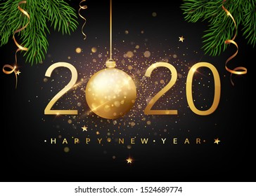 2020 Happy new year. Gold Numbers Design of greeting card of Falling Shiny Confetti. Gold Shining Pattern. Happy New Year Banner with 2020 Numbers on Bright Background. Vector illustration