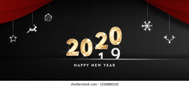 2020 Happy new year. Gold Design of greeting card. Gold Shining Pattern. Happy New Year Banner with 2020 Numbers on Bright Background. Vector illustration