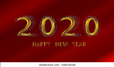 2020 Happy New Year. Gold numbers in poly style, silver outline of numbers and text. The background is red and black. Greeting card, New Year's greetings. Banner, web robot.
