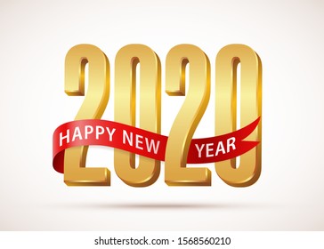 2020 Happy New Year Gold text 3d logo with red ribbon. 