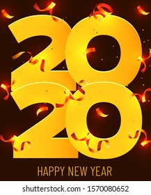 2020 Happy new year. Gold Numbers Design of greeting card of Falling Shiny Confetti. Happy New Year Banner with 2020. Bright Background. Vector illustration.