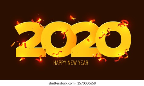 2020 Happy new year. Gold Numbers Design of greeting card of Falling Shiny Confetti. Happy New Year Banner with 2020. Bright Background. Vector illustration.