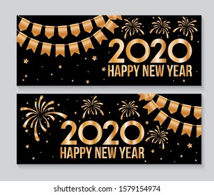 2020 Happy New Year gold text on black background. Vector Illustration.