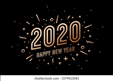 2020, Happy New Year, gold. Greeting card with golden text Happy New Year 2020. Geometric memphis gold style for Happy New Year or Merry Christmas 2020. Background, banner, poster. Vector Illustration