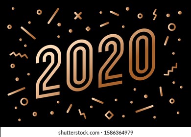 2020, Happy New Year, gold. Greeting card with golden Happy New Year 2020. Geometric memphis gold style for Happy New Year or Merry Christmas 2020. Background, banner, poster. Vector Illustration