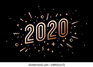 2020, Happy New Year, gold. Greeting card with golden Happy New Year 2020. Geometric memphis gold style for Happy New Year or Merry Christmas 2020. Background, banner, poster. Vector Illustration
