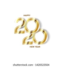2020 happy new year golden label design. Vector illustration with golden holiday symbol isolated on white background.