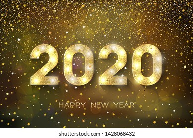 2020 Happy New Year. Golden numbers and stars on dark background. New Year 2020 greeting card. Vector illustration.