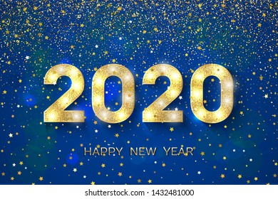 2020 Happy New Year. Golden numbers, glitter and stars on dark blue  background. New Year 2020 greeting card. Vector illustration.