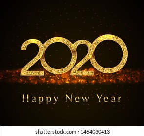 2020 Happy New Year golden sparkling glitter numbers design on abstract black background with flare and bokeh effect. Holiday web banner, poster, greeting card or invitation, end of year template