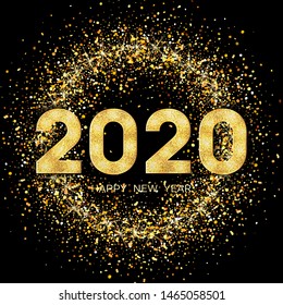 2020 Happy New Year. Golden numbers and glitter on dark background. New Year 2020 greeting card. Vector illustration.