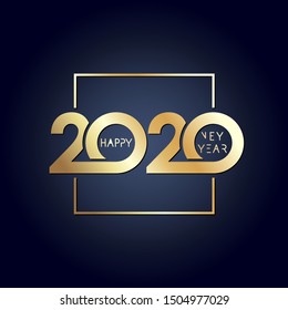 2020 happy new year golden logo design. Vector illustration with gold holiday label isolated on navy blue background. Xmas card, Christmas sale banner or class of 2020 graduates poster