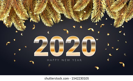 2020 Happy new Year  golden lettering  luxury premium brown template with golden Christmas fir tree branches in black sparkling confetti background. Happy New Year card design. Vector illustration EPS