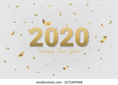 2020 Happy new year golden text with shining glitter confetti on gray background. Use for greeting card, calendar, invitation. Realistic festive style. Vector illustration.