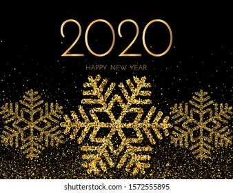 2020 Happy New Year. Golden numbers, glitter and snowflakes on dark background. New Year 2020 greeting card. Vector illustration.
