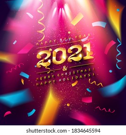 2020 Happy new year golden text with shining glitter confetti on dark background. Use for greeting card, calendar, invitation. Realistic festive style. Vector illustration.