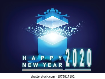 2020 HAPPY NEW YEAR GREATING CARD WITH BLUE GIFT BOX, OPENNING WITH LIGHT RAY FROM INSIDE THE BOX