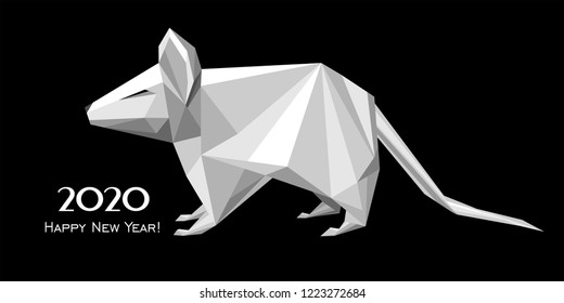 2020 Happy New Year greeting card. Celebration black background with Rat and place for your text.  Vector illustration