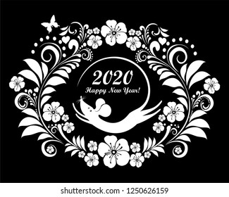 2020 Happy New Year. Greeting card. Year of the rat. Celebration black background with Mouse, flowers and place for your text.  Design for poster, invitation, card, banner, flyer. Vector Illustration