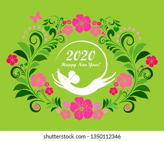 2020 Happy New Year greeting card. Year of the rat. Celebration Green background with Mouse, flowers and place for your text.  Design for poster, invitation, card, banner, flyer. Vector Illustration