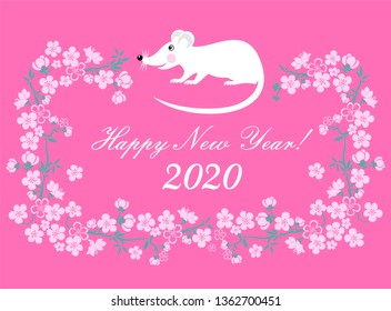 2020 Happy New Year greeting card. Year of the rat. Celebration  background with White Mouse, flowers and place for your text. Design for poster, invitation, card, banner, flyer. Vector Illustration