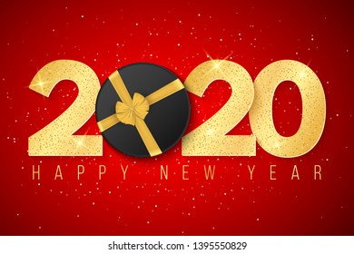 2020 Happy New year greeting card. Golden confetti and gift box on red background. Brilliant glitter on a light background. Vector illustration. EPS 10.